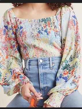 Anthropologie Smocked Floral Off-Shoulder Blouse Size Small Boho Lightweight Top